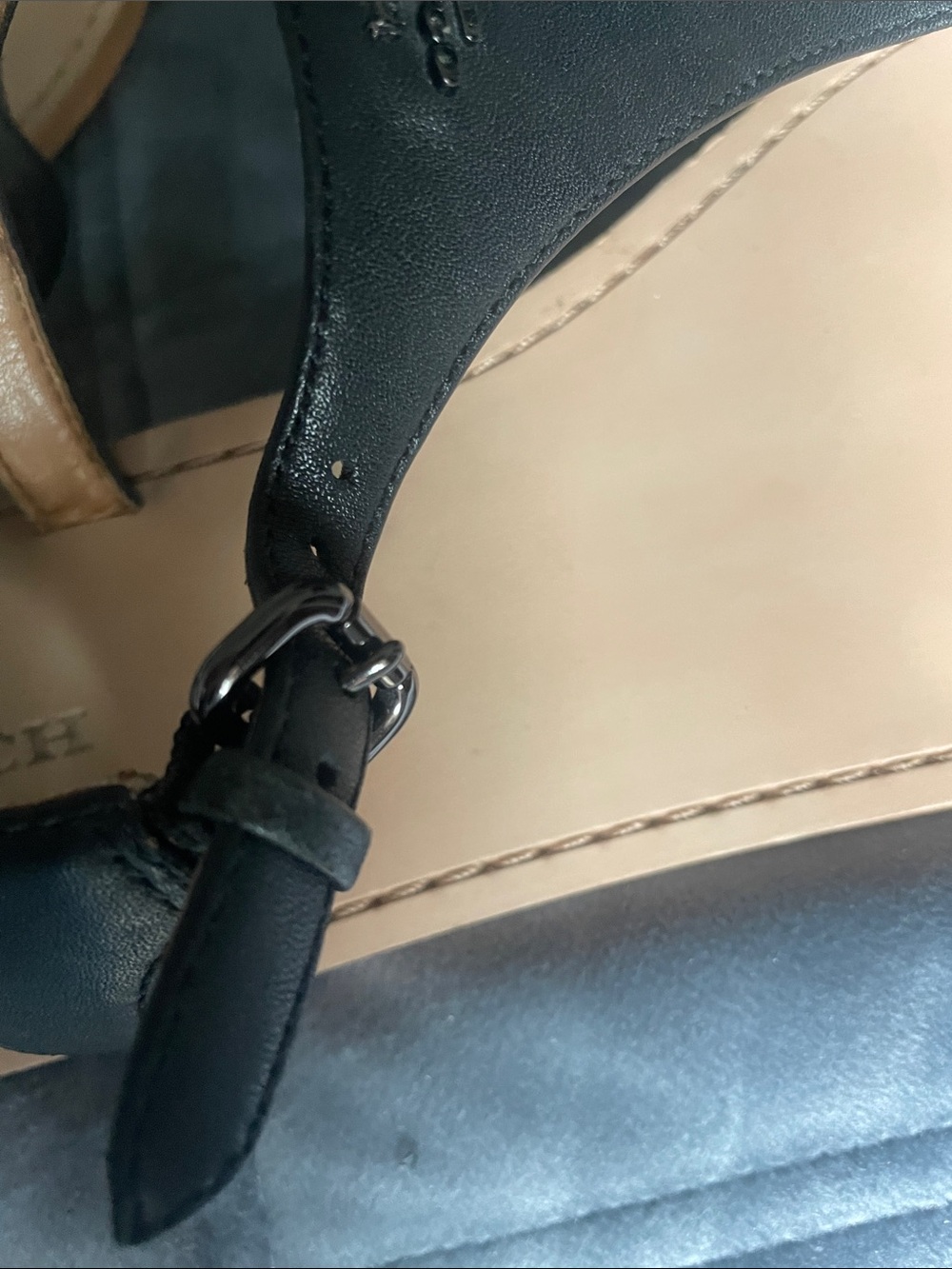 Coach Black Leather T-Strap Sandals with Tan Footbed - Picture 4 of 7